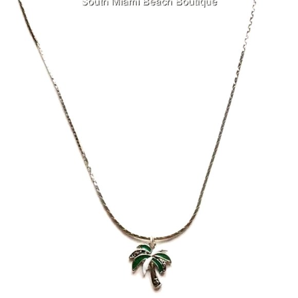 Palm Tree Necklace Silver Plated Island Beach Hawaii Nautical Enamel Coconut 18" - Picture 5 of 10